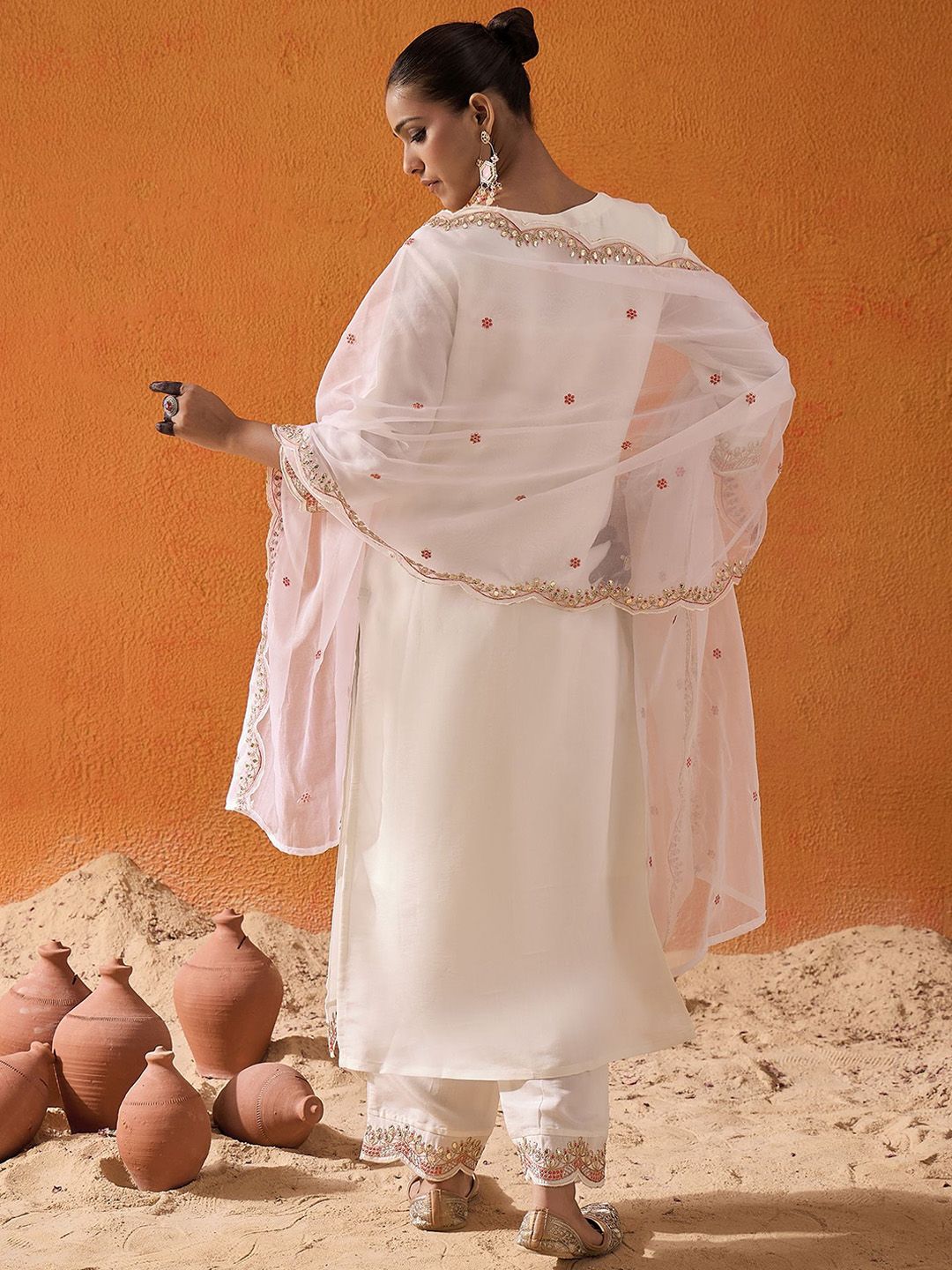 Indo Era White and Pink Ethnic Motifs Embroidered Gotta Patti Kurta with Trouser & Dupatta