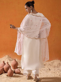 Indo Era White and Pink Ethnic Motifs Embroidered Gotta Patti Kurta with Trouser & Dupatta