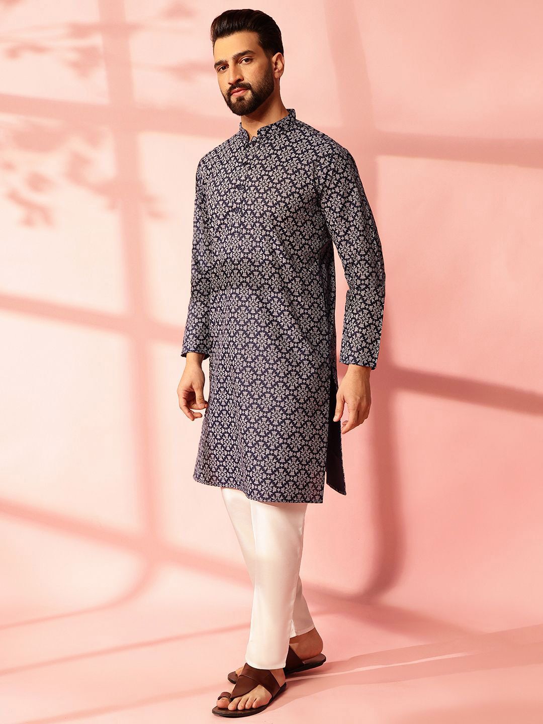Anouk Floral Printed Mandarin Collar Cotton Linen Straight Kurta