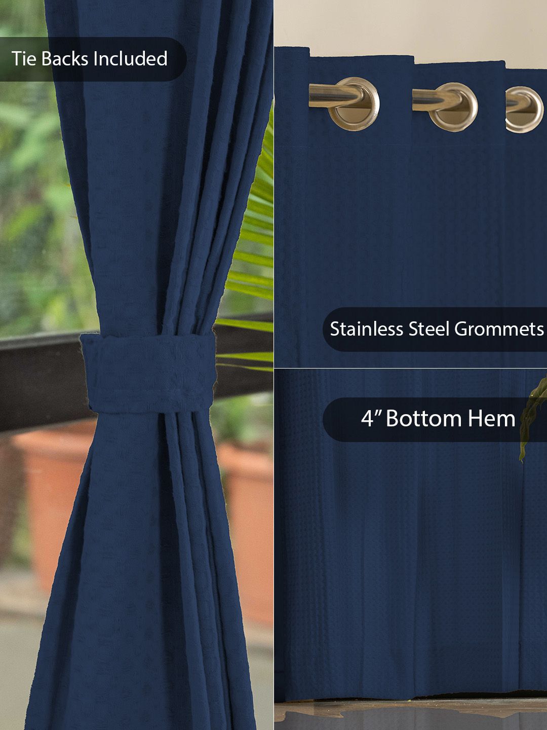 URBAN SPACE Waffle Navy Blue 2 Pieces Cotton Long Door Curtains