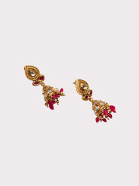 PANASH Gold-Plated Artificial Stones Studded And Beaded Contemporary Shaped Jhumkas