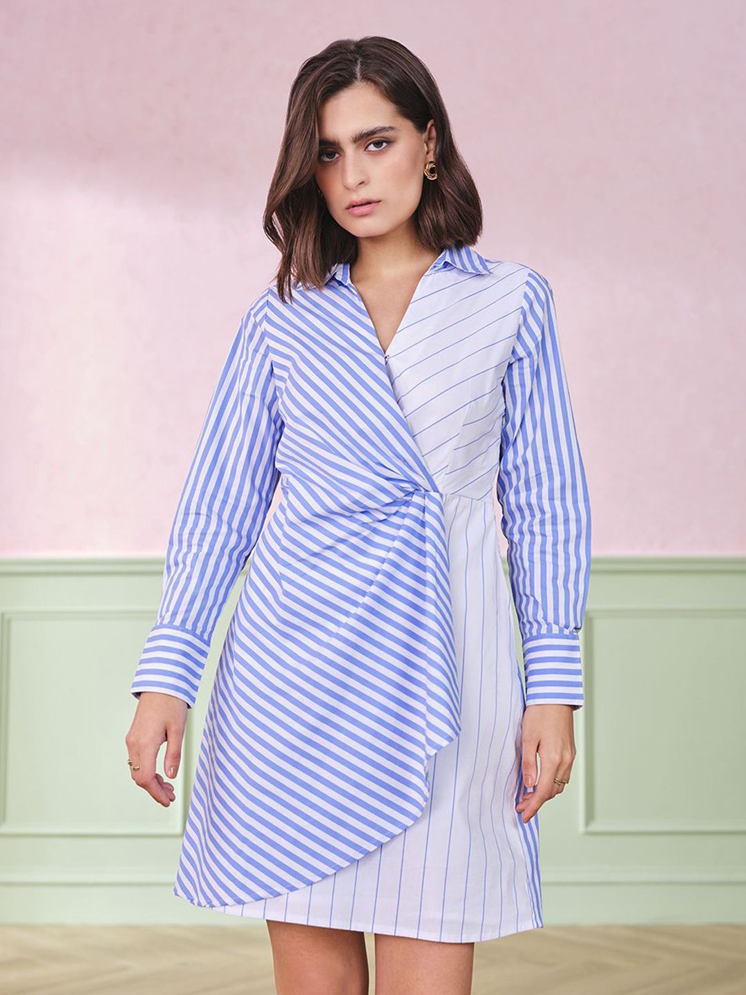 AND Striped Shirt Collar A-Line Dress