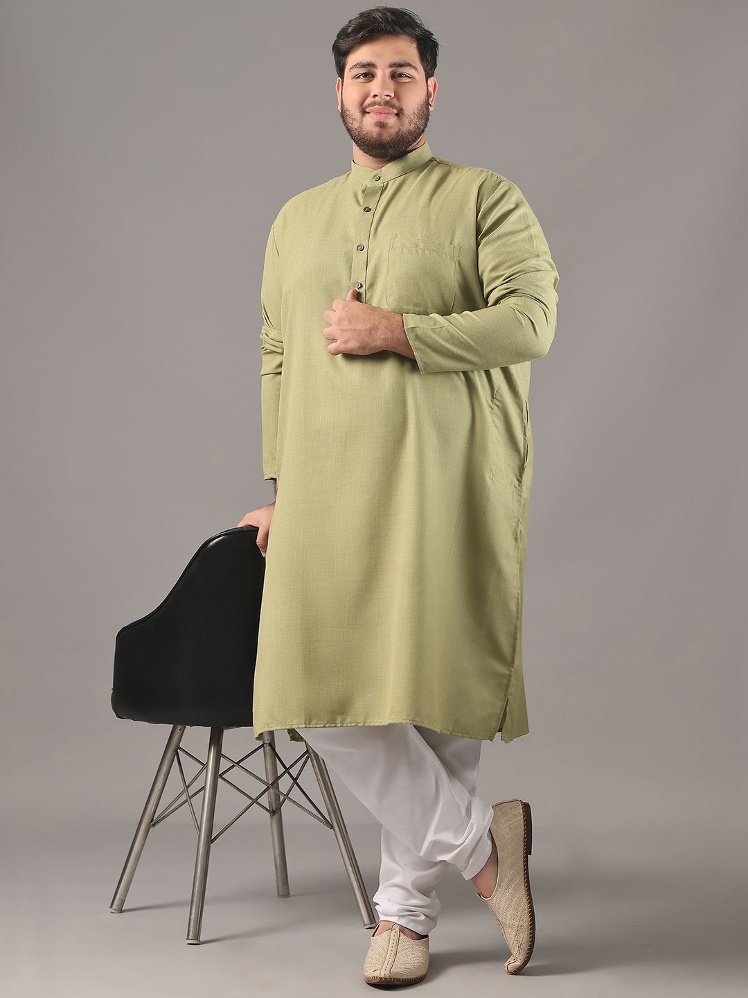 SOJANYA PLUS Plus Size Lelaki Band Collar Pure Cotton Kurta Lurus Dengan Piyama