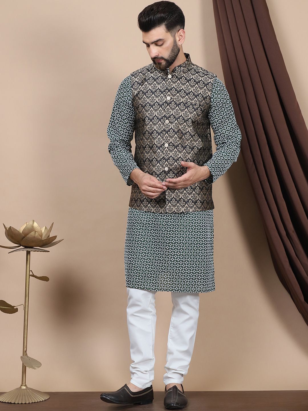 Anouk Embroidered Regular Pure Cotton Straight Kurta With Churidar & Nehru Jacket