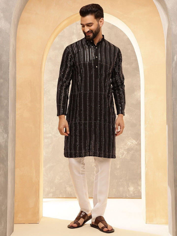 Anouk Black Striped Sequinned Pure Cotton Straight Kurta With Pyjama