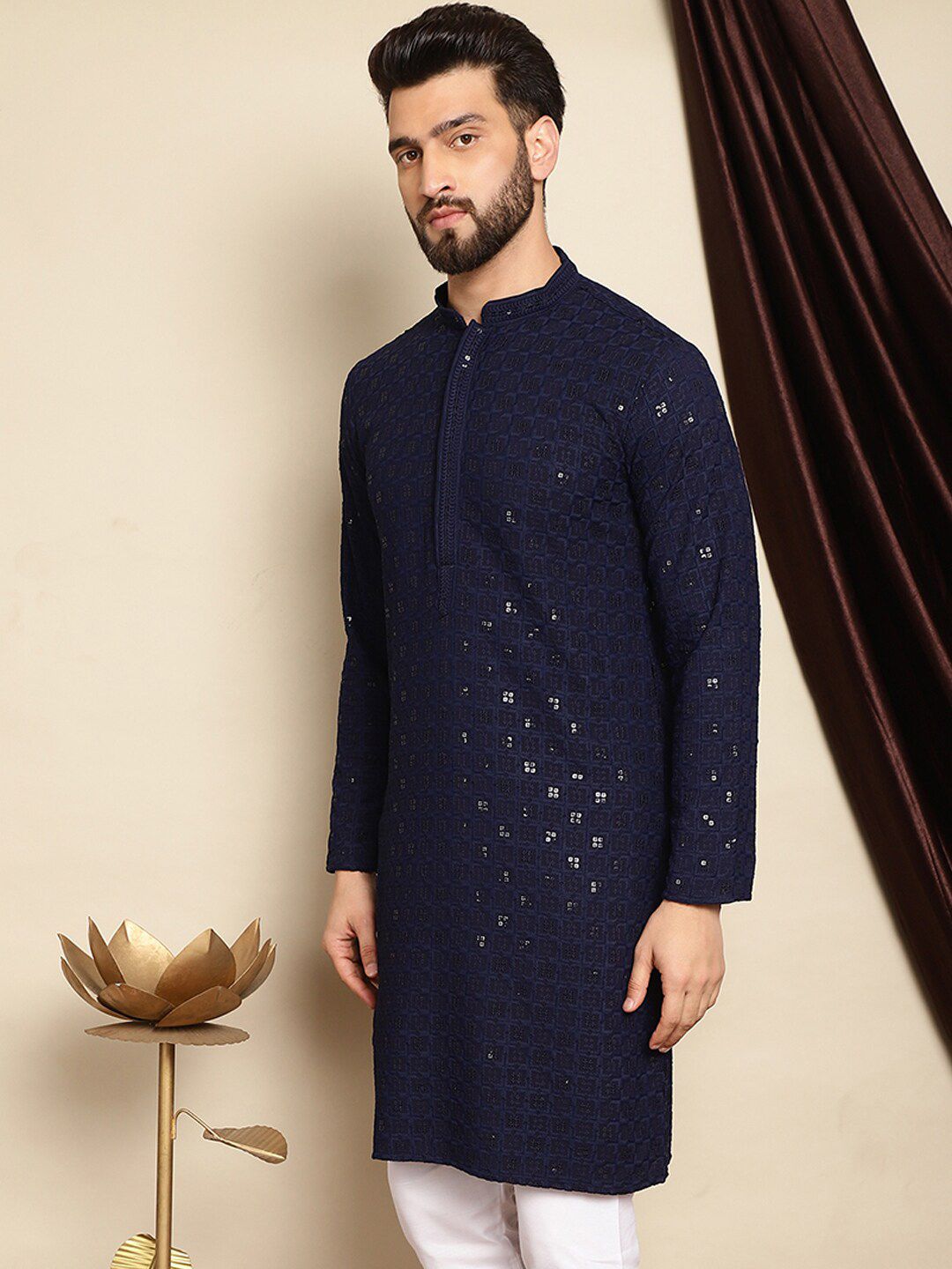 Anouk Navy Blue Motif Etnik Bersulam Labuci Mandarin Kolar Kurta Pure Cotton