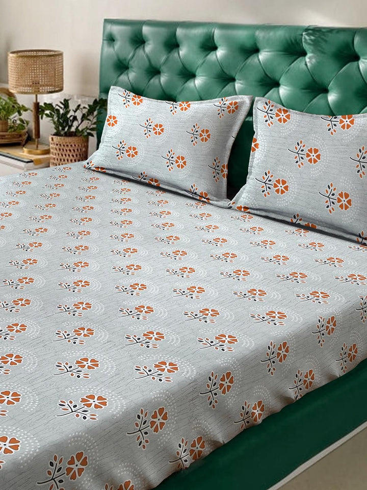 KLOTTHE Grey Floral Printed Dilengkapi 400 TC Kapas Cadar King & 2 Sarung Bantal