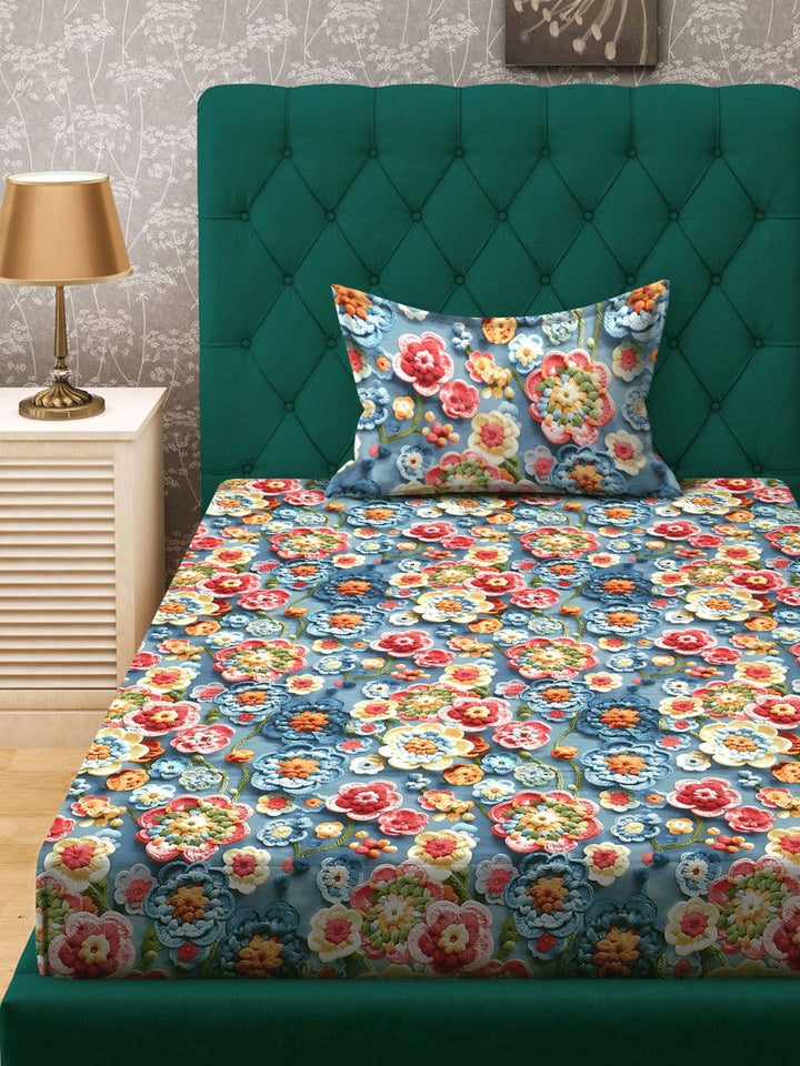 Klotthe Blue Floral Printed 300 TC Single Cadar 7D Dengan Sarung Bantal- 2.25 m x 1.5 m