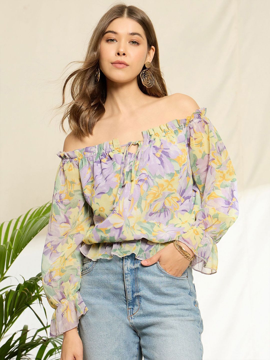 Berrylush Floral Print Off-Shoulder Flared Sleeve Ruffles Georgette Peplum Top
