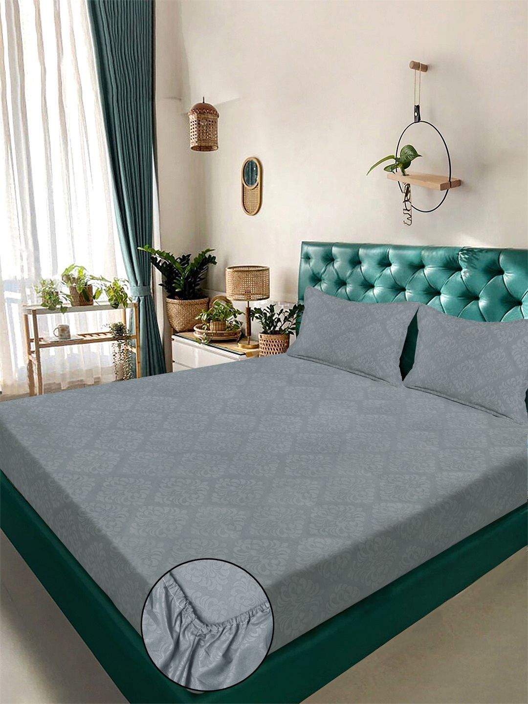 KLOTTHE Grey Floral Embosed Printed Fitted 400TC Super King Bedsheet & 2 Pillow Cover