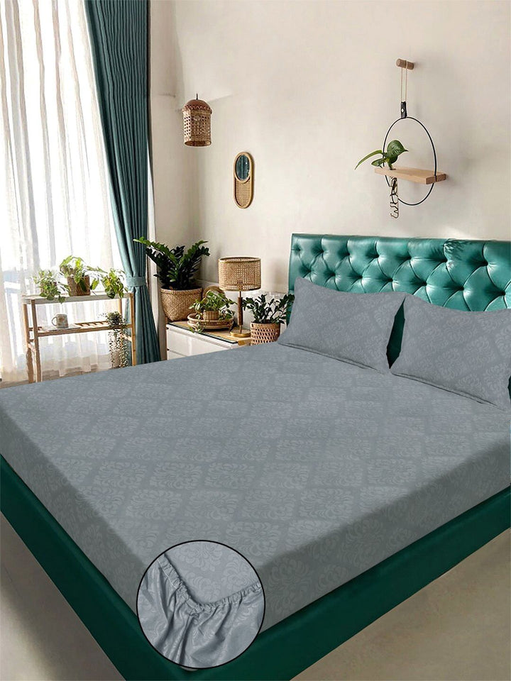 KLOTTHE Grey Floral Embosed Printed Fitted 400TC Super King Bedsheet & 2 Pillow Cover