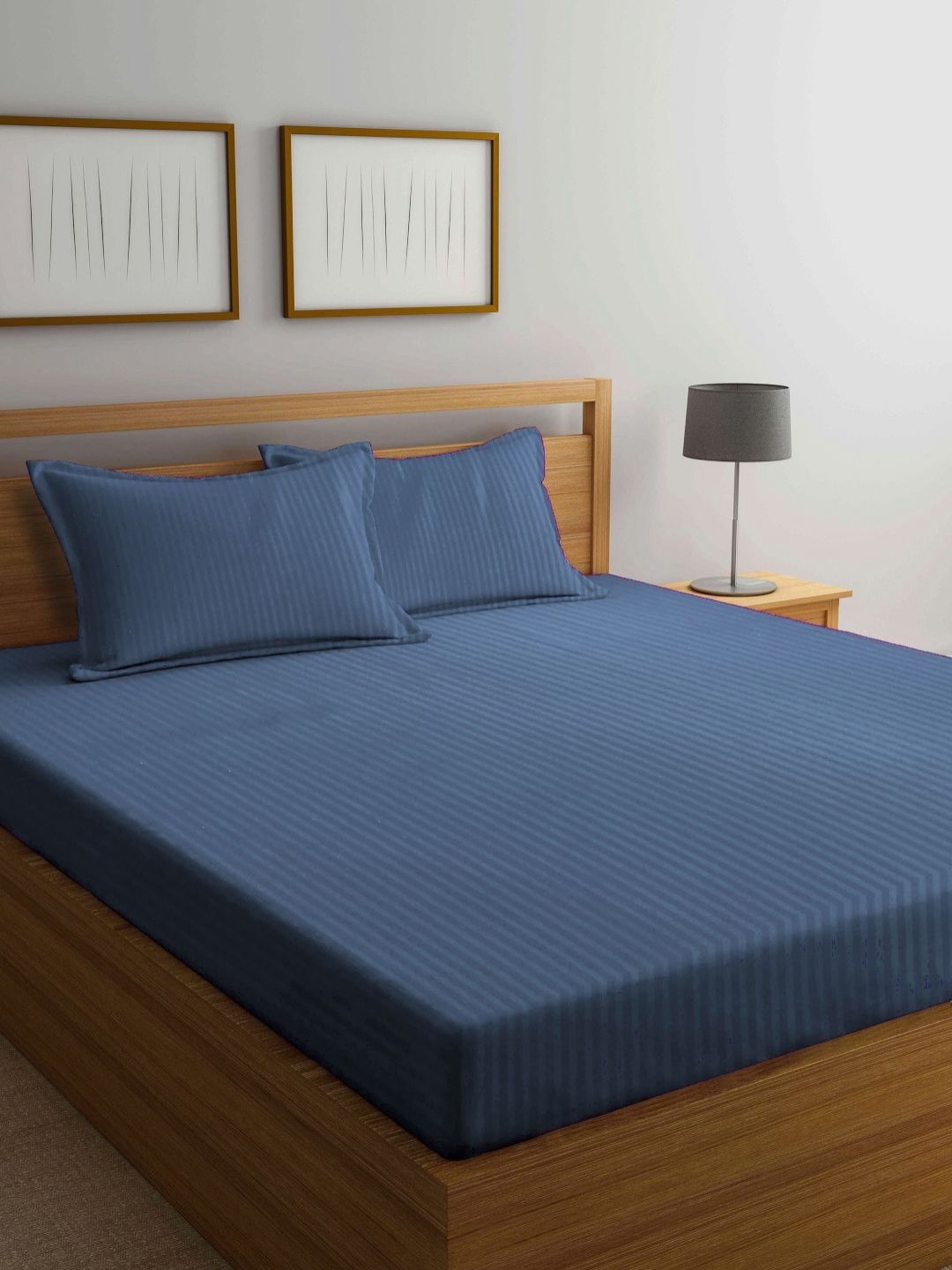Myntra Elegant Homes Book Fold Blue Striped Polycotton 300 TC King Fine Bedsheet with 2 Pillow Covers-98 x 87 inches