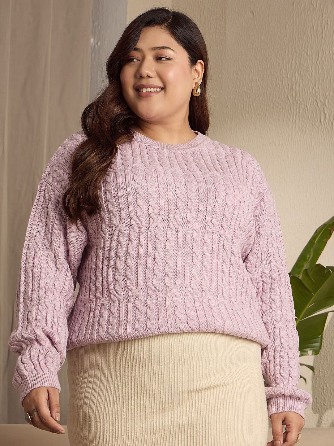 Berrylush Curve Women Cable Knit Long Sleeves Pullover
