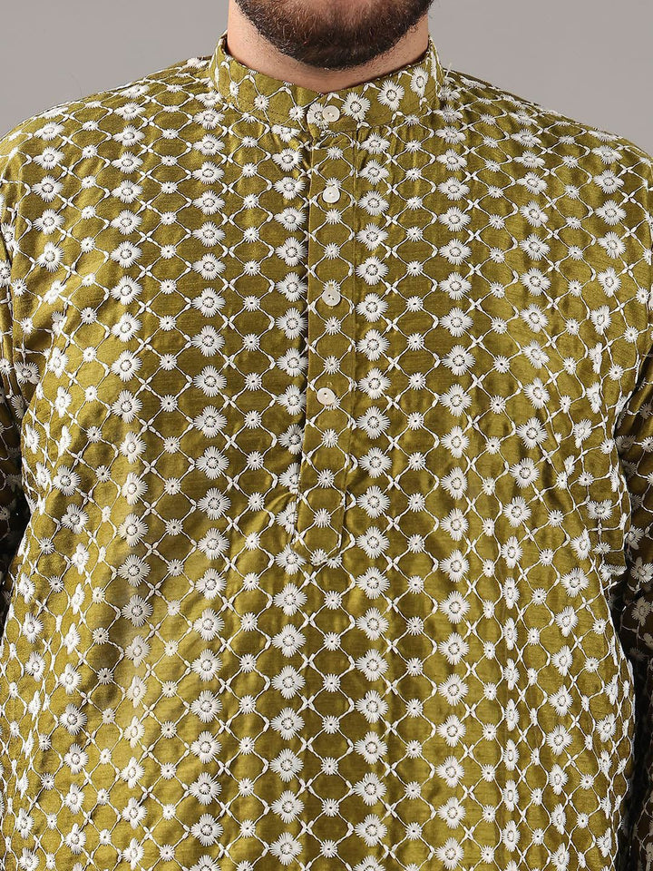 SOJANYA PLUS Plus Size Lelaki Kolar Jalur Sulam Bunga Kurta Lurus Dengan Piyama