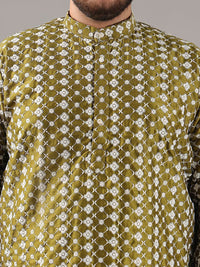 SOJANYA PLUS Plus Size Lelaki Kolar Jalur Sulam Bunga Kurta Lurus Dengan Piyama