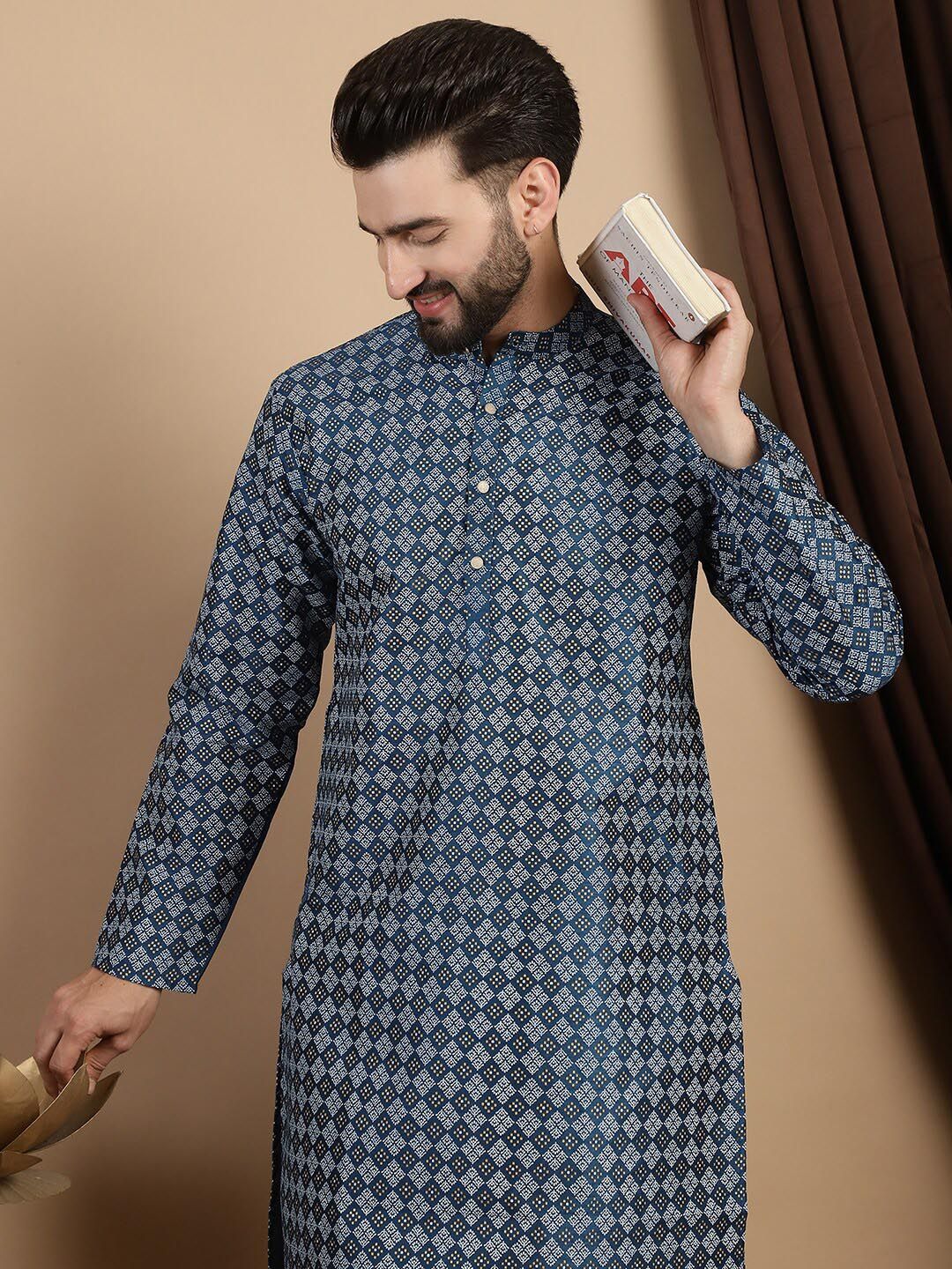 Kurta Kolar Mandarin Bercetak Anouk Teal Biru Geometrik