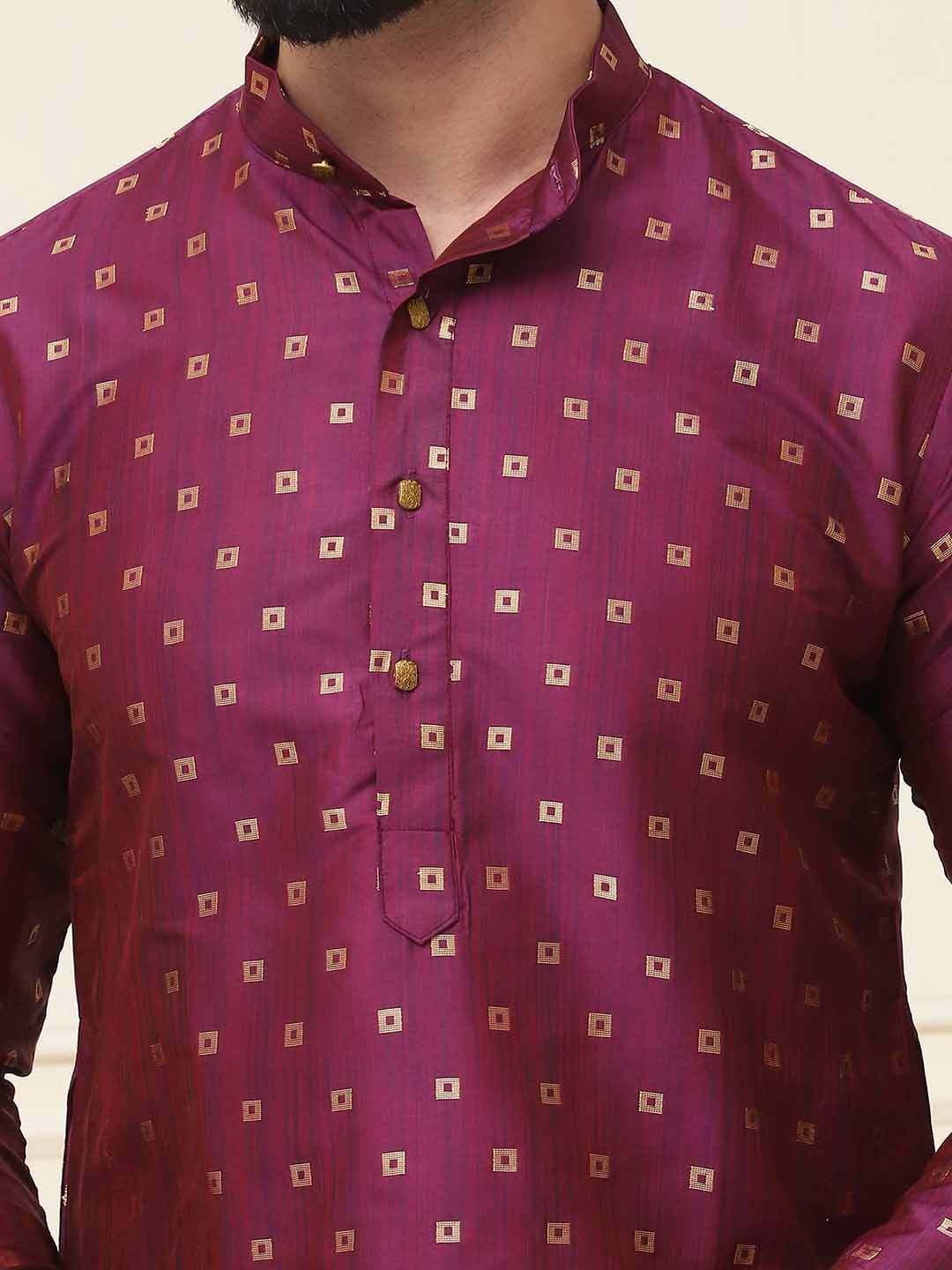 SOJANYA Geometric Woven Design Band Collar Long Sleeves Regular Silk Straight Kurta
