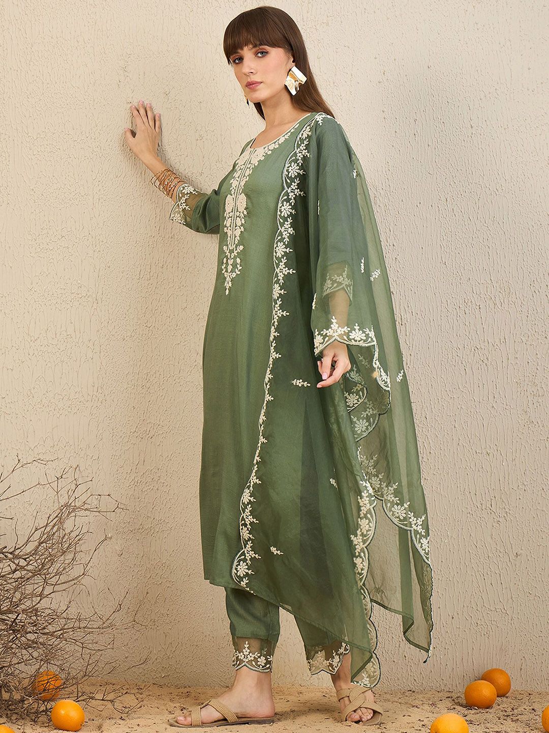 Indo Era Floral Embroidered Straight Kurta With Trousers & Dupatta