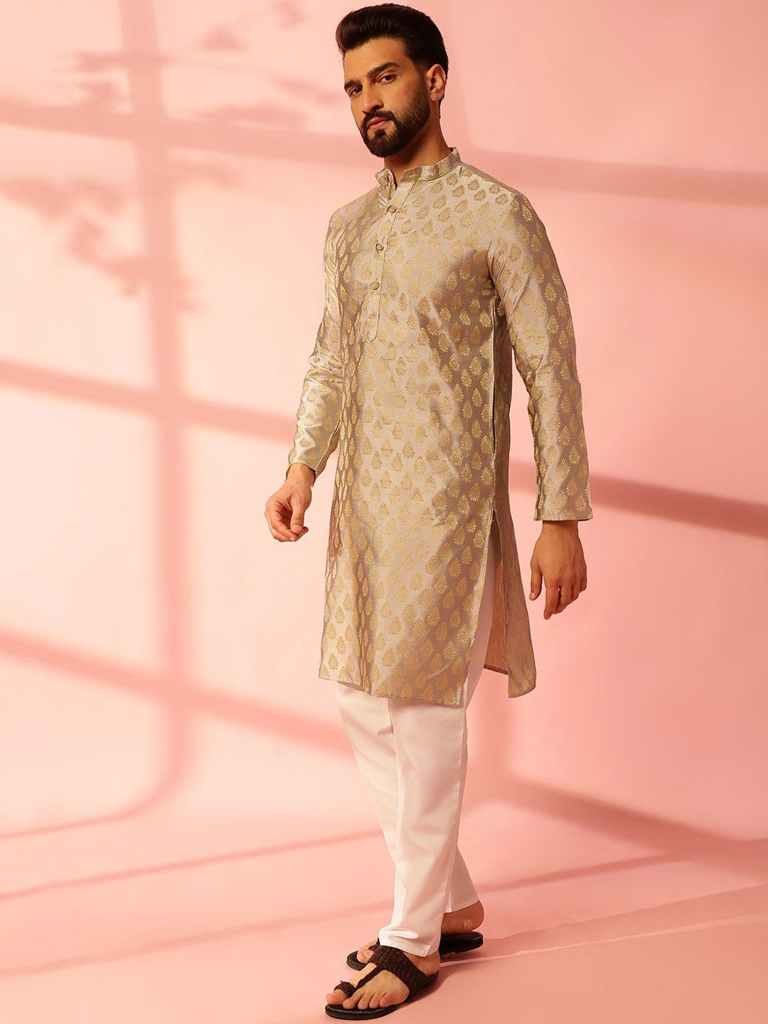 Anouk Ethnic Motifs Woven Design Band Collar Cotton Silk Straight Kurta