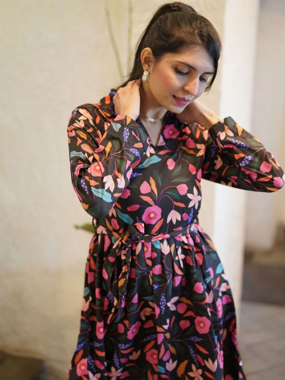 KALINI Women Floral Printed Fit & Flared Shirt Collar Above Knee Ethnic Dress