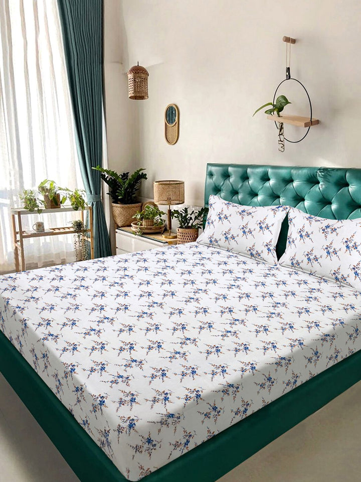 KLOTTHE White & Blue Floral 300 TC Set Cadar Double Dipasang Raja-2.50mx2.25m
