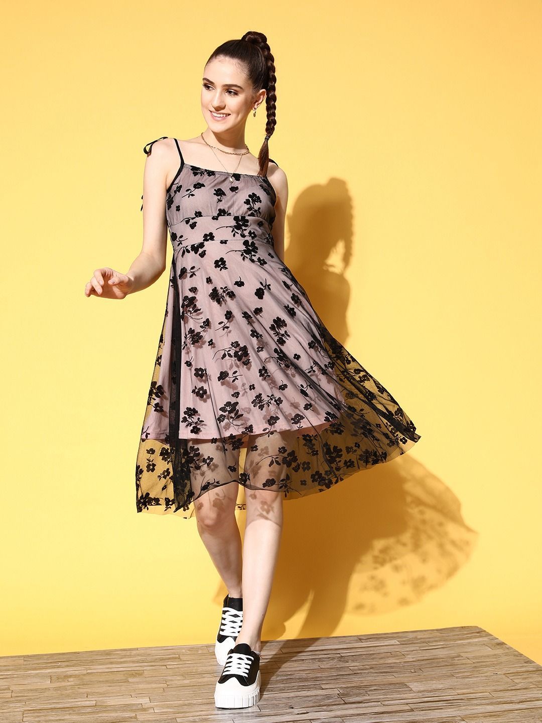 Berrylush Floral Print Net Fit & Flare Dress