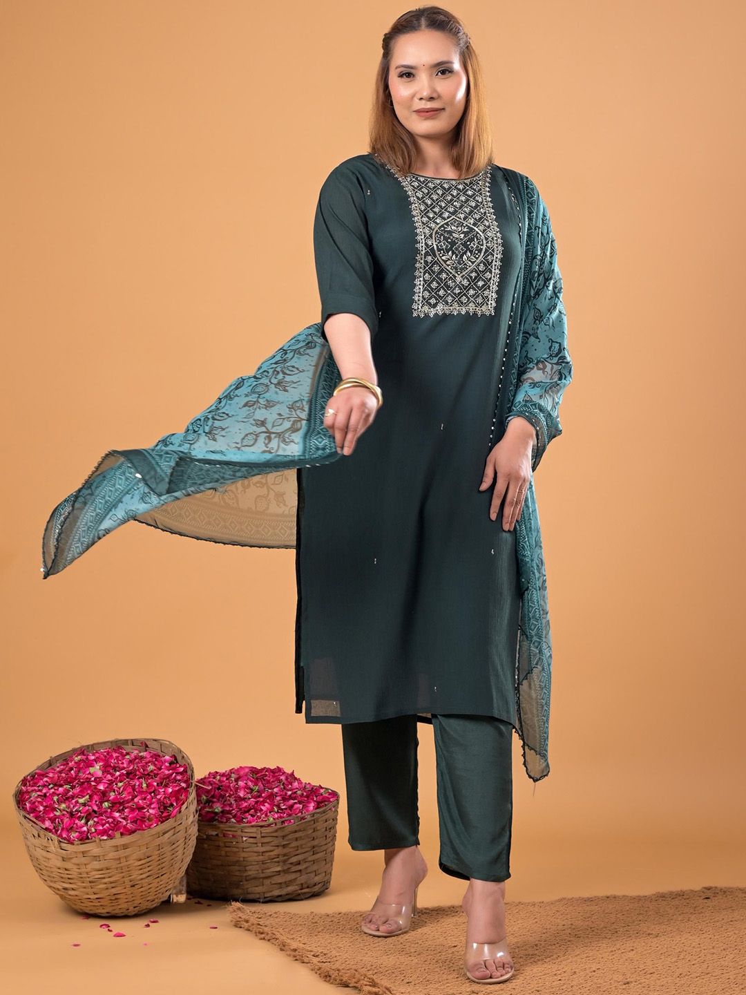 Mamicha Women Woven Design Embroidered Cotton Kurta with Trousers & Dupatta
