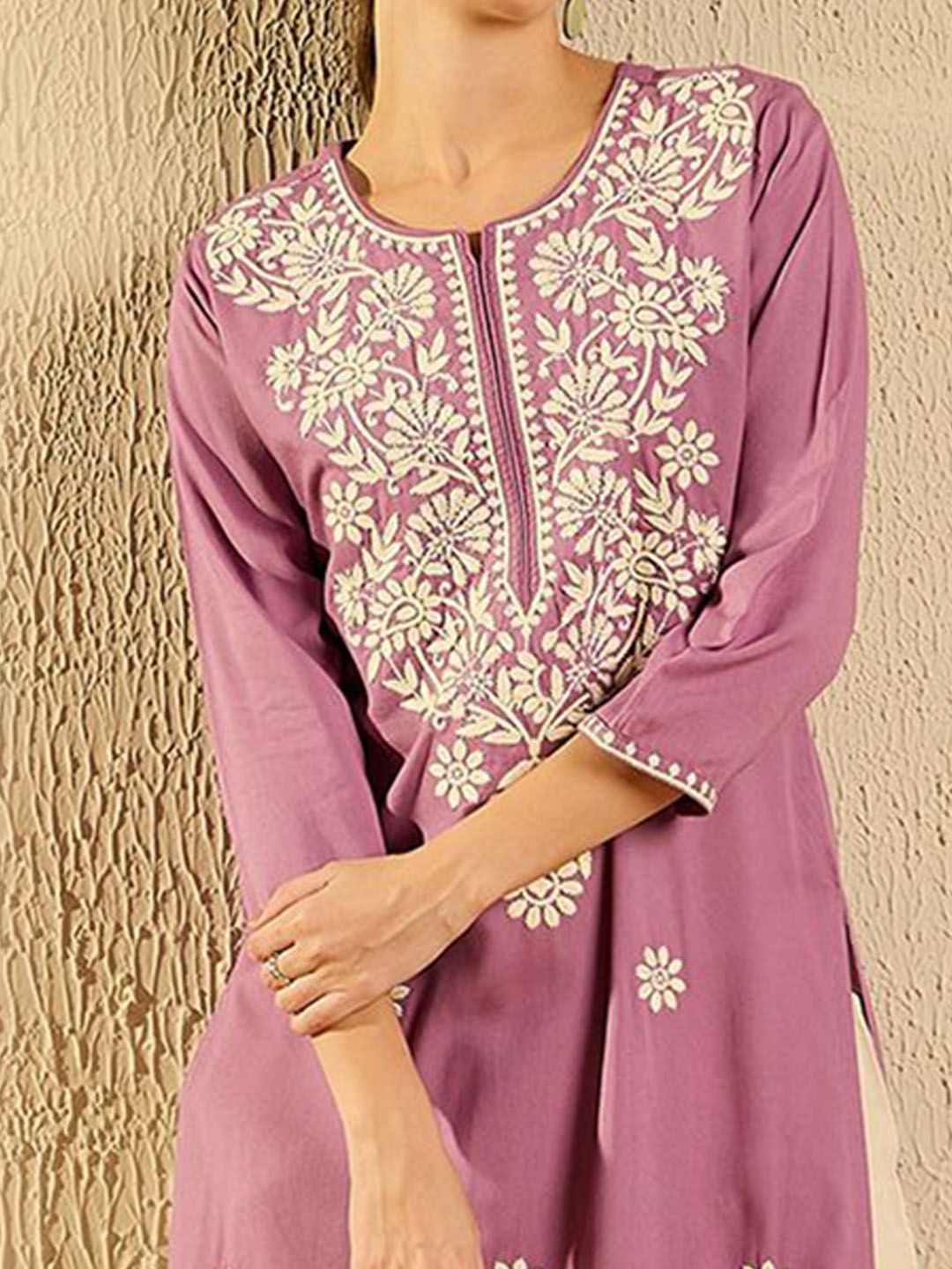 Wanita Era Indo Paisley Benang Sulam Kerja Pastel Kurta