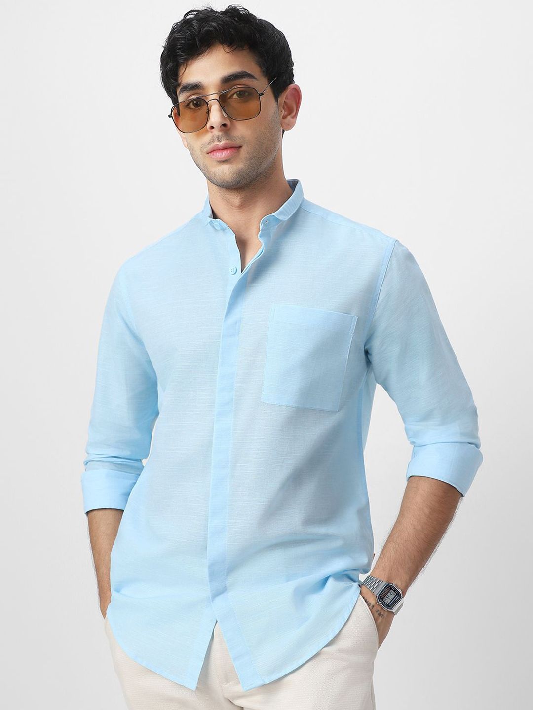 Urbano Fashion Men Slim Collar Solid Cotton Casual Shirt