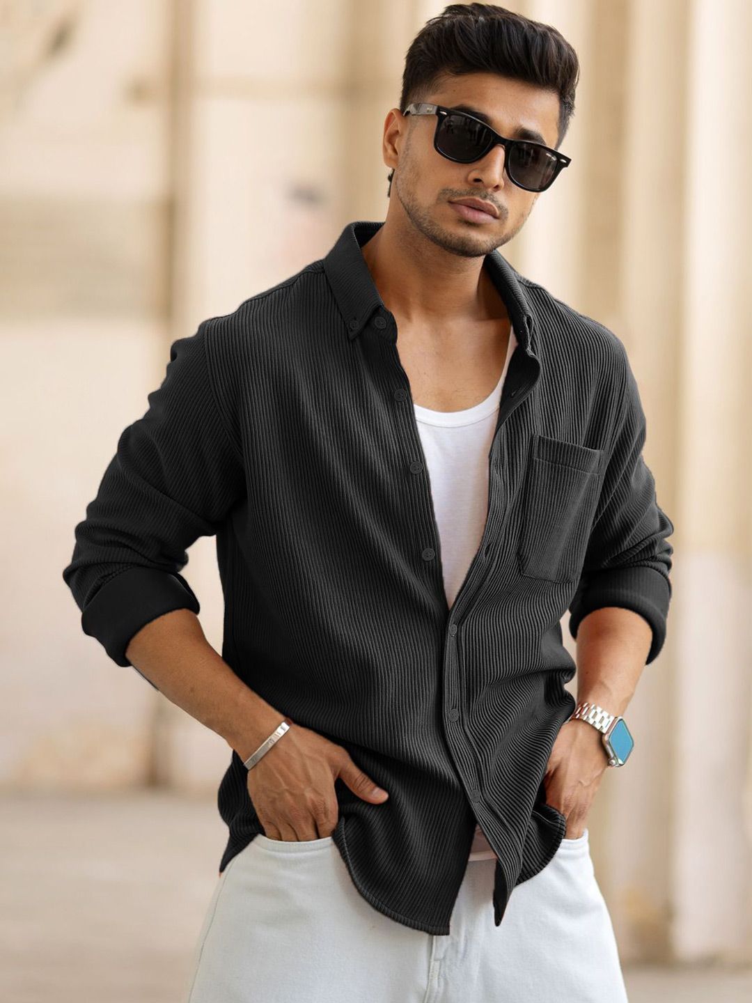 Powerlook Men Spread Collar Textured Cotton Casual Shirt