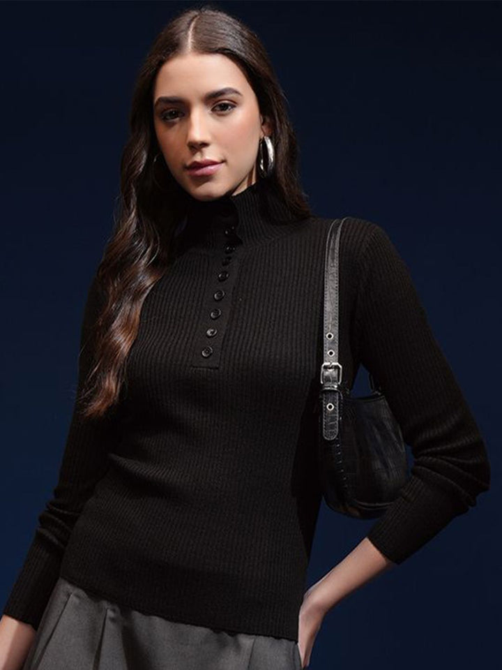 Tokyo Talkies Women Mock Collar Ribbed Pullover Sweater