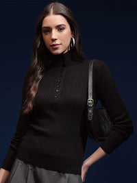 Tokyo Talkies Women Mock Collar Ribbed Pullover Sweater