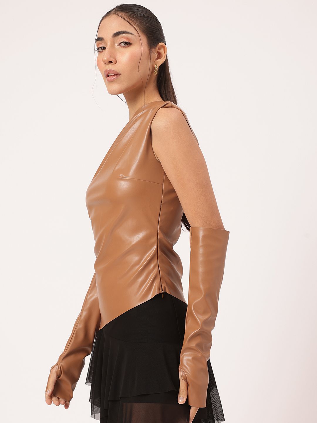 DressBerry Chic Grit Faux Leather Asymmetric Top With Hand Gloves