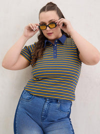 SASSAFRAS Curve Women Striped Polo Collar Pockets T-shirt