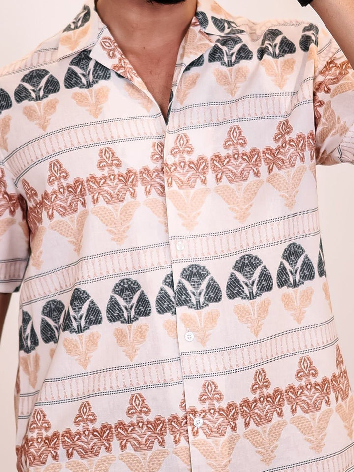 Eszett Men Ethnic Motifs Printed Cuban Collar Linen Casual Shirt