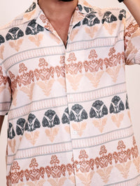 Eszett Men Ethnic Motifs Printed Cuban Collar Linen Casual Shirt
