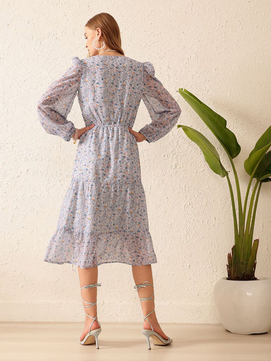 STREET 9 Print Puff Sleeves Georgette A-Line Midi Dress