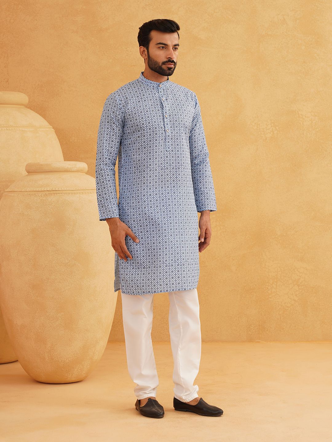 SOJANYA Floral Printed Band Collar Cotton Linen Straight Kurta With Churidar
