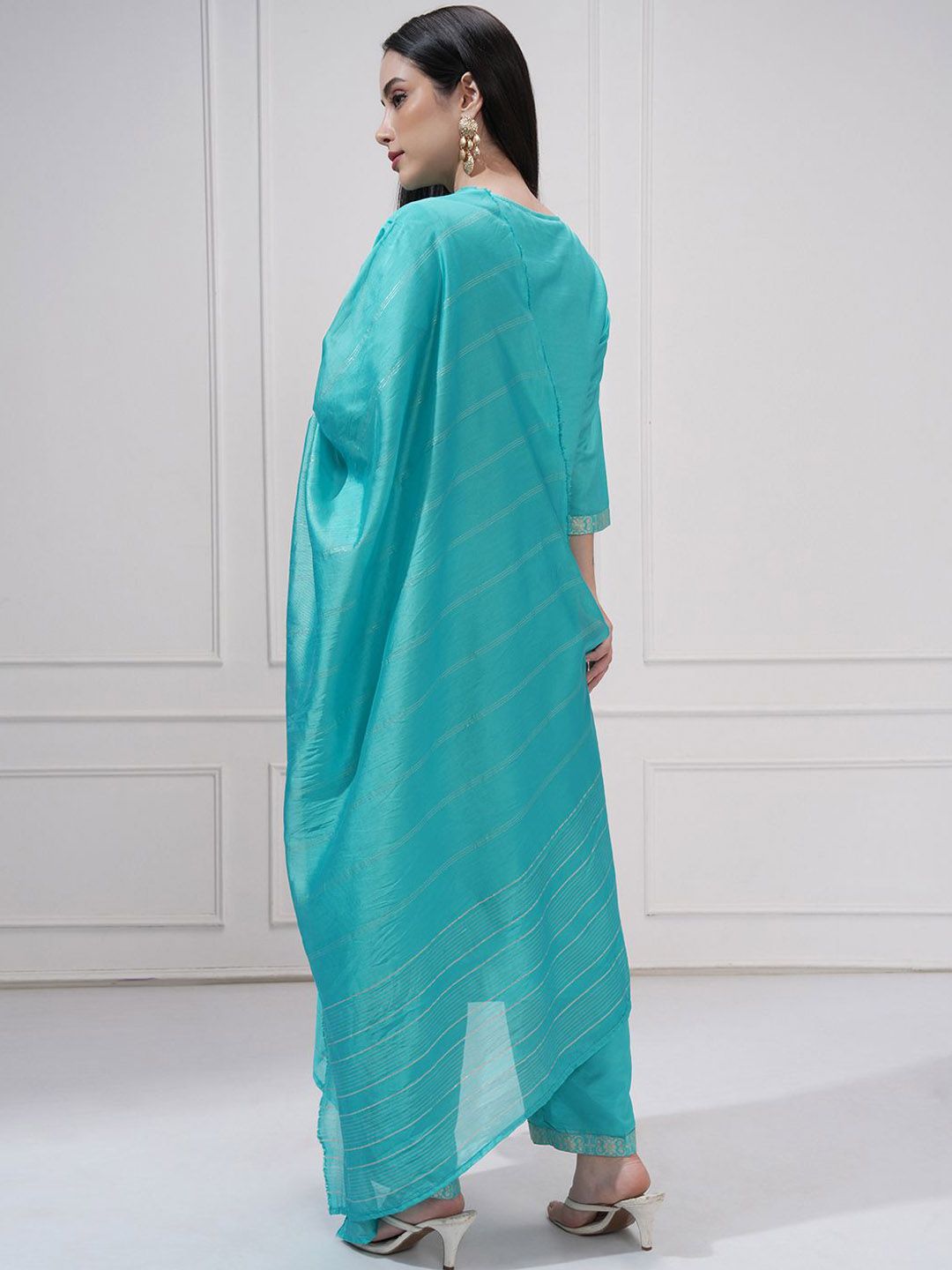 Vishudh Floral Woven Design Notch Neck Jacquard Straight Kurta With Trouser And Dupatta