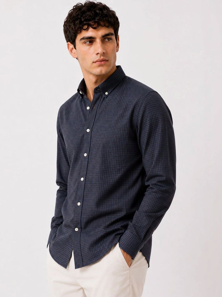ADRO Men Navy & Brown Mini Checked Regular Fit Casual Cotton Shirt