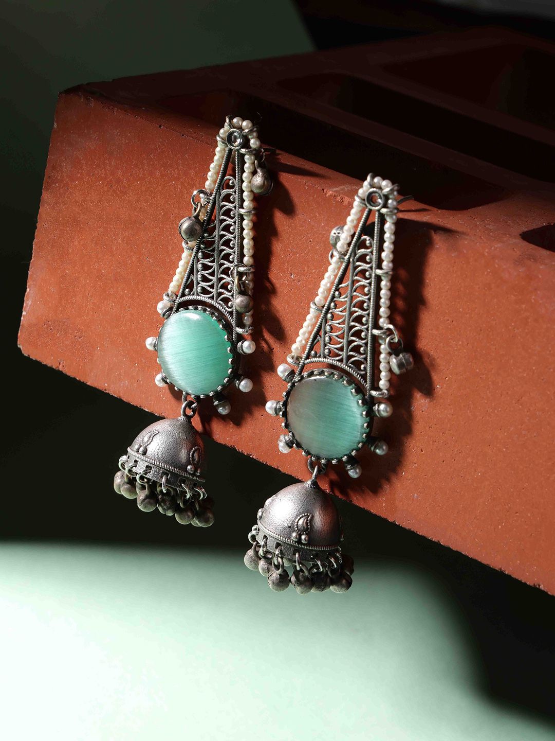 PANASH Silver Plated Cubic Zirconia Studded Oxidized Jhumka Earrings