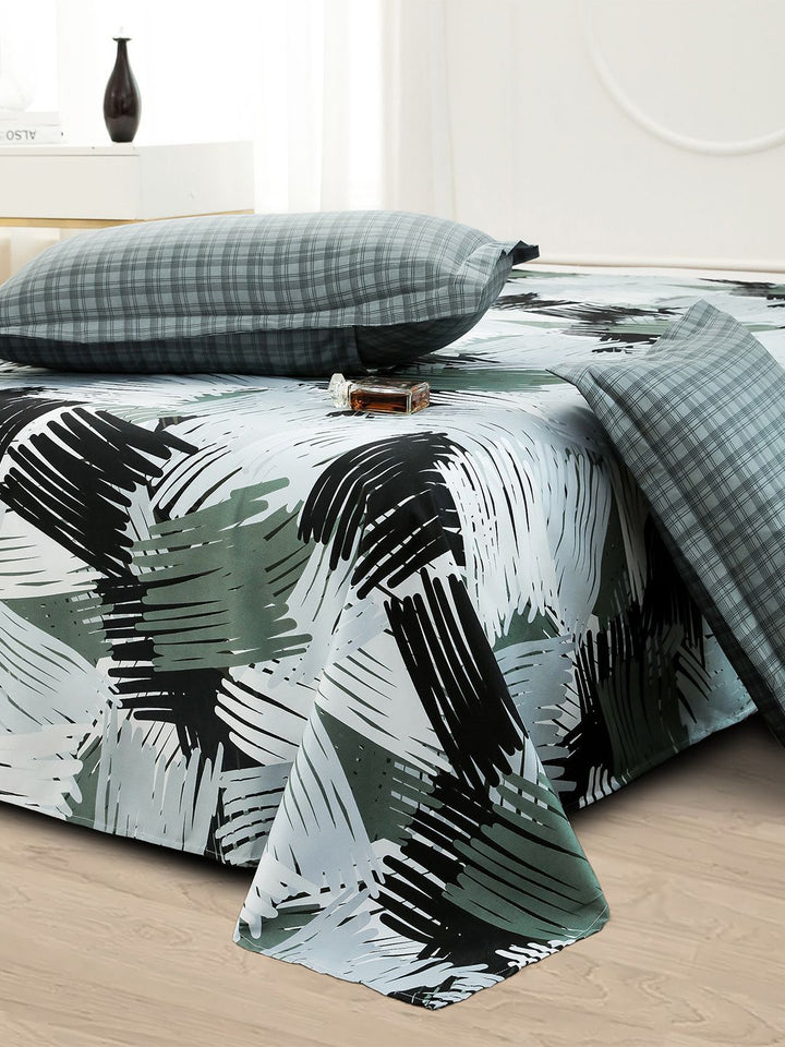 Story@home Green & White Abstract Printed 240 TC Satin Finish Queen Bedsheet Set