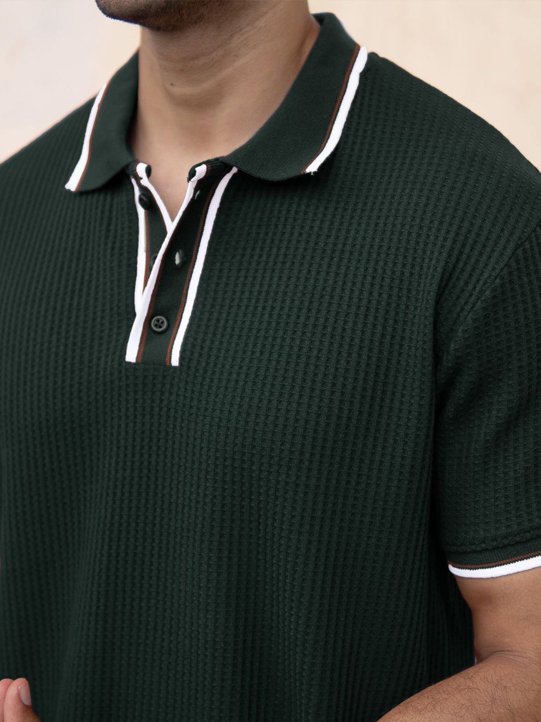 Powerlook Men Green Self Design Structured Polo Collar T-shirt