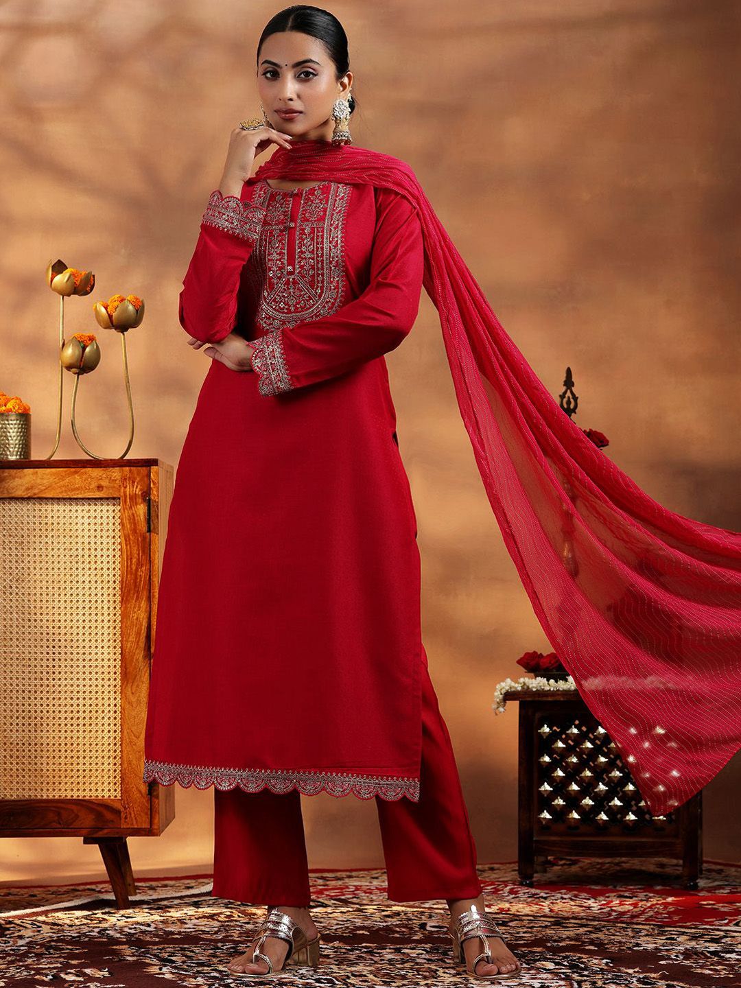 Libas Floral Embroidered Sequinned Dobby Weave Straight Kurta With Trousers & Dupatta