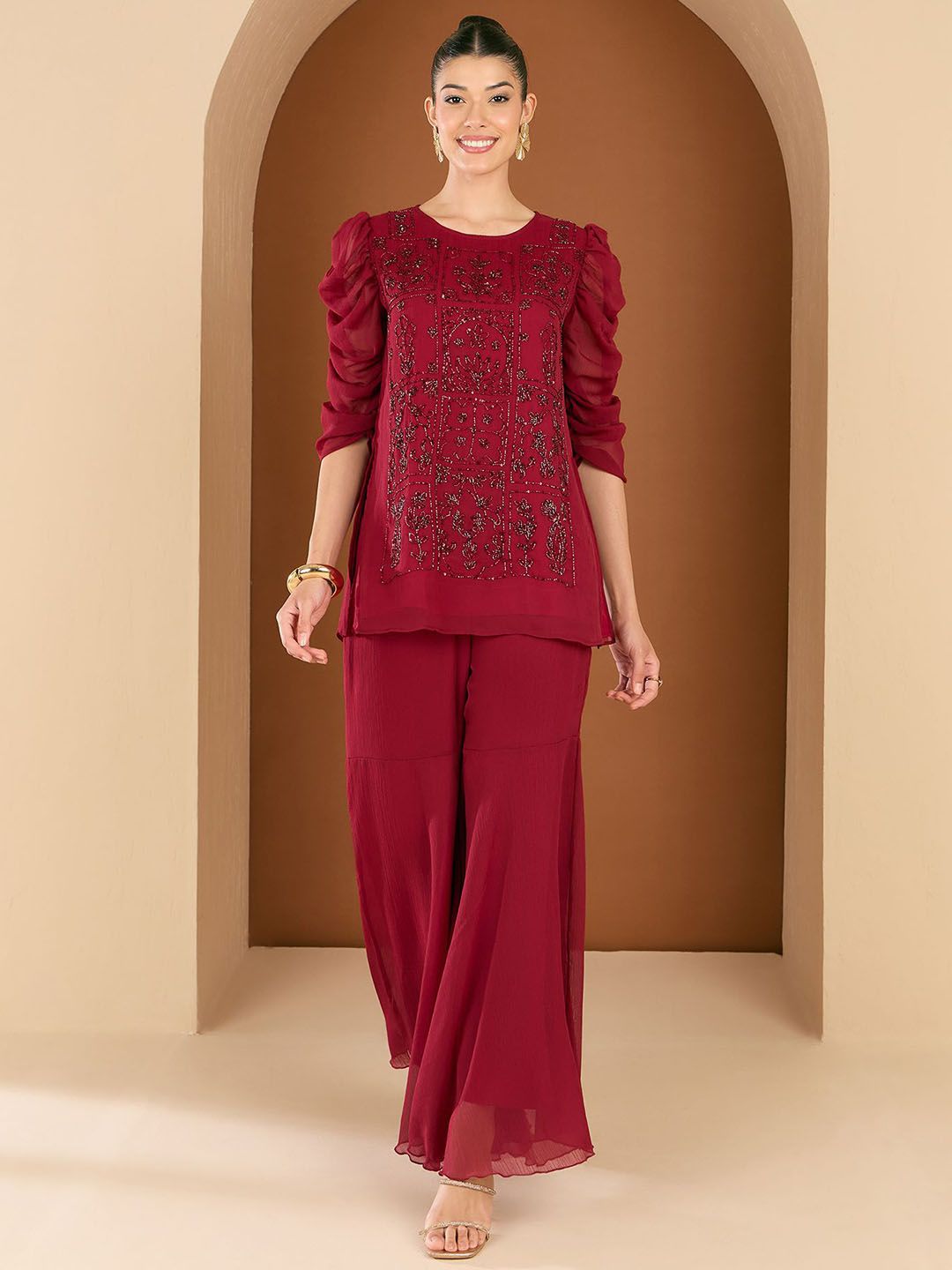 Antheaa Embellished Round Neck Top With Palazzo