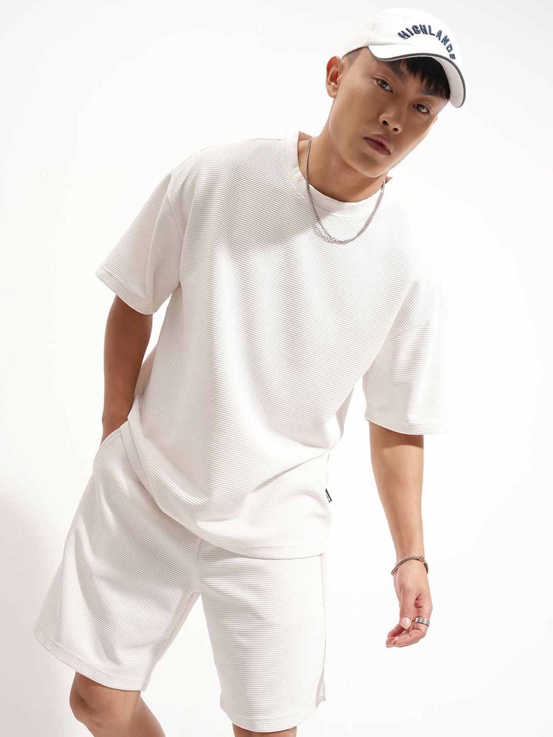 HIGHLANDER Self Design Oversized-Fit T-Shirt With Shorts Co-Ords