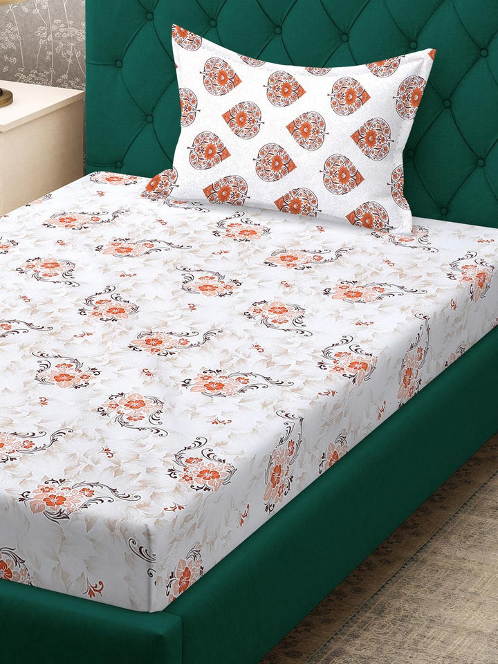 KLOTTHE Orange Floral Cotton Single Bedsheets