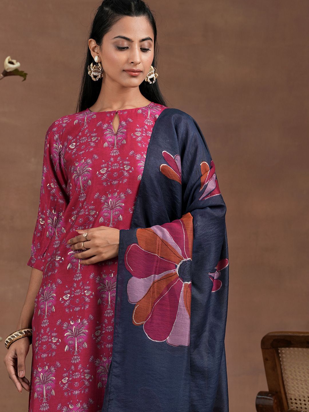 Libas Floral Printed Keyhole Neck Straight Kurta With Salwar & Dupatta