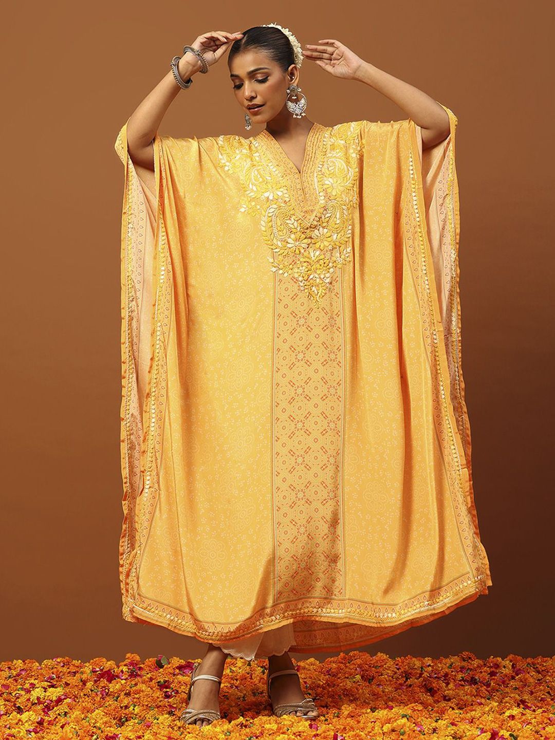 Rumah Chikankari Wanita Krep Kuning Chikankari Sulam Kurta