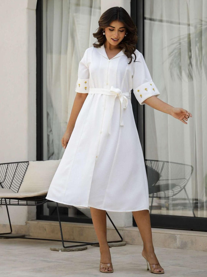 Mamicha Women Floral Embroidered Roll-Up Sleeves Shirt Midi Dress